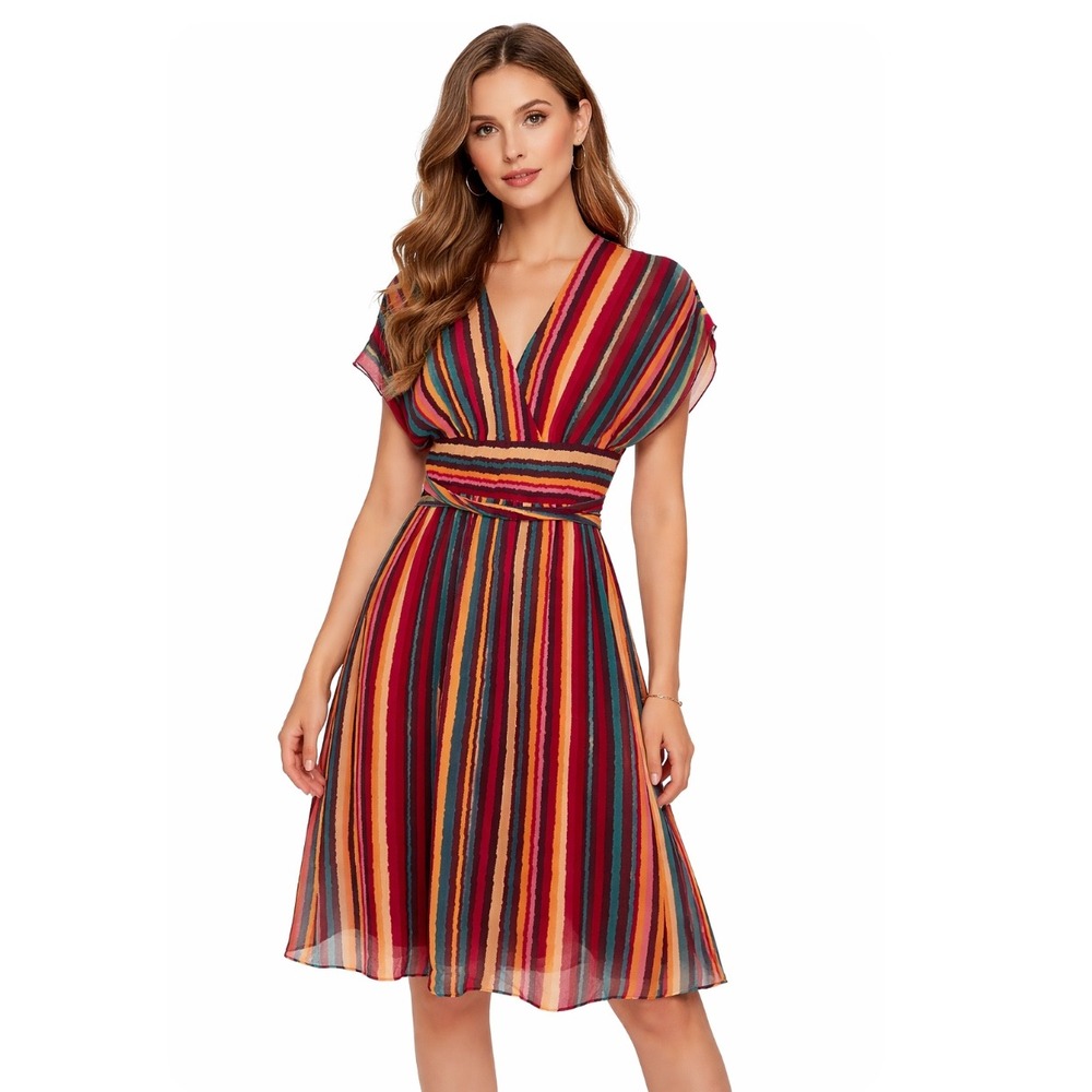 BCBG Paris Multi-Color Striped 100% Silk V-Neck Midi Dress Size 2 57377